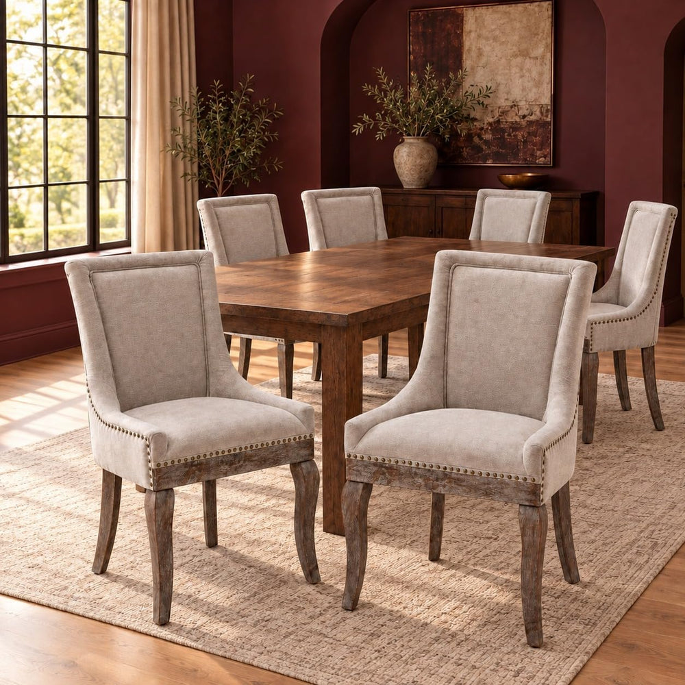Upholstered Dining Chairs Set of 6, Beige Fabric Kitchen Chair with Nailhead ...