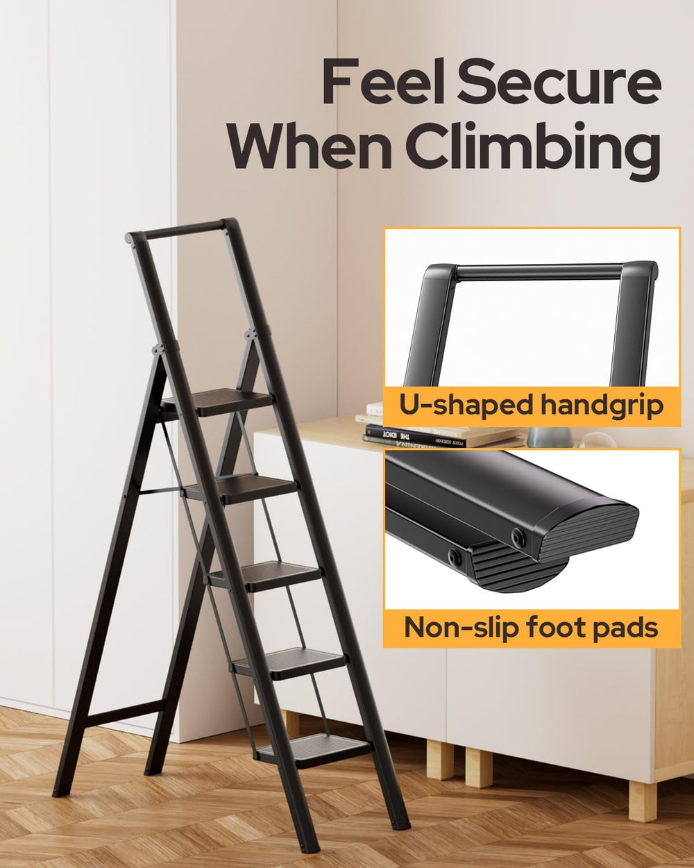 5 Step Ladder, Foldable 5 Step Stool, Black