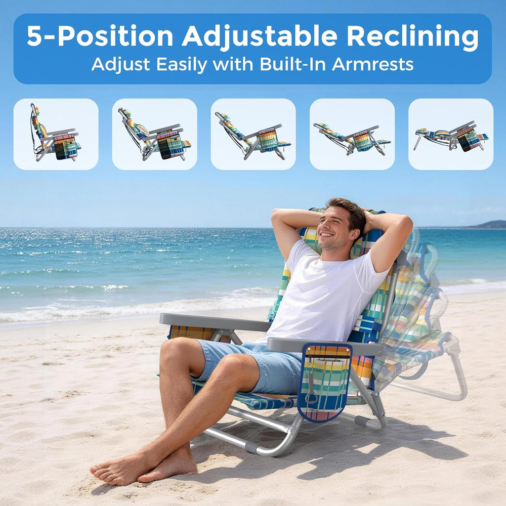 5-Position Backpack Beach Chair for Adults with Lumbar, Foldable Tall Heavy-D...