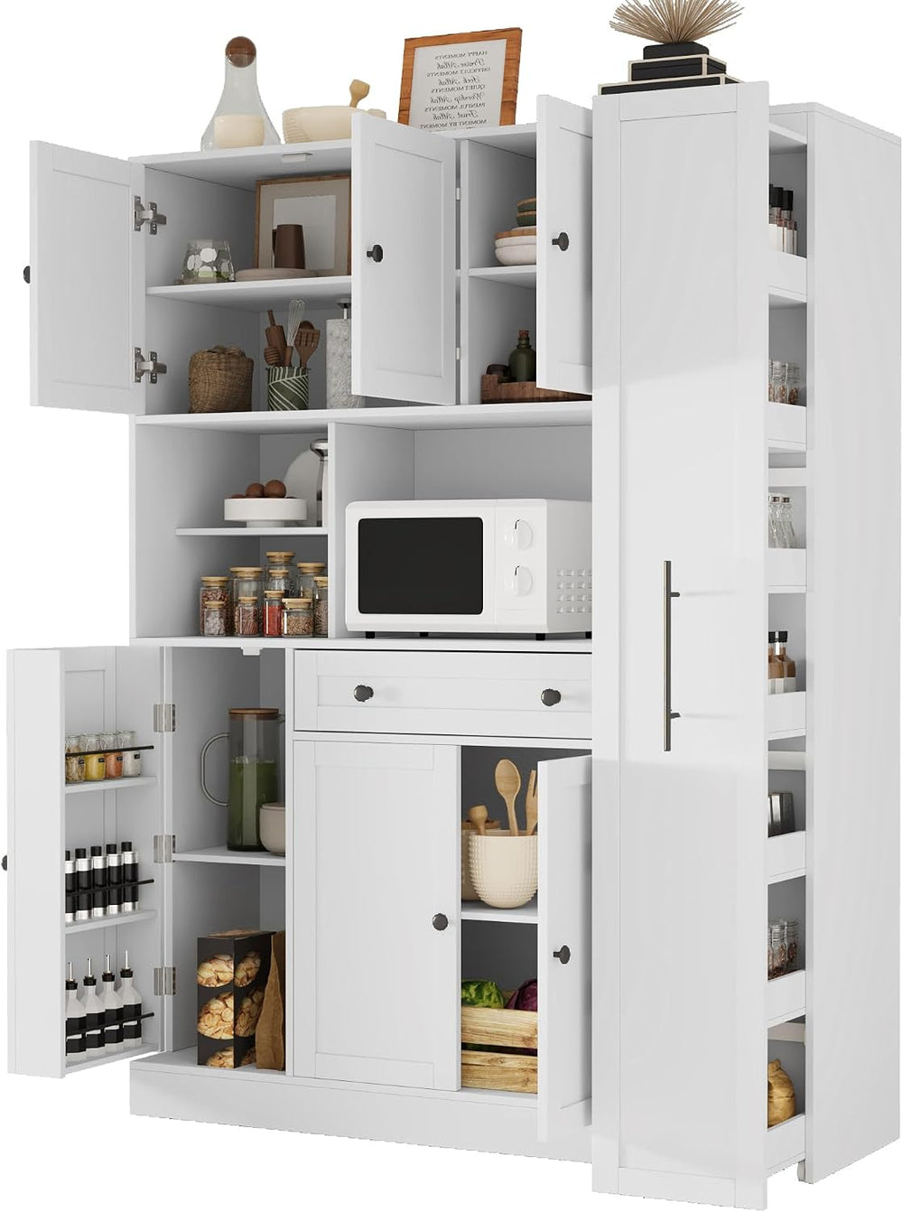 Farmhouse Freestanding Kitchen Pantry with Pull-Out Side Cabinet, Door Shelve...