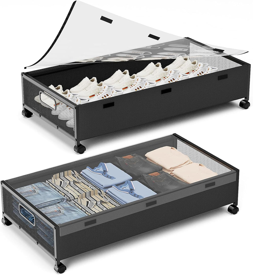 KITHELP Under Bed Storage Containers with Wheels, 2 Pack Underbed Shoe Storage Organizer with Removable Lids, Large Rolling Under Bed Storage Dresser Drawers for Clothes Toys Shoes Blankets