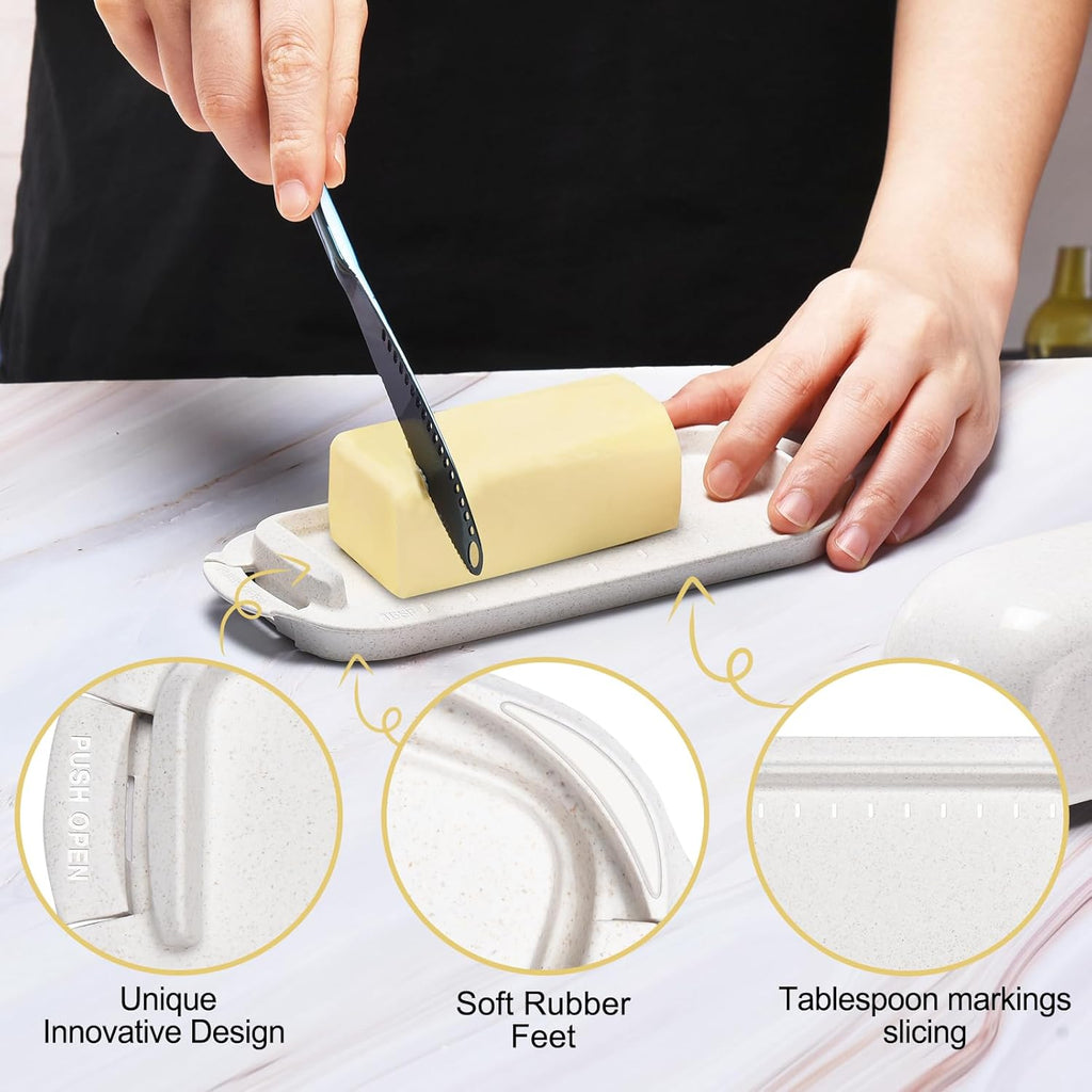 AONCO Butter Dish, Beige Wheat Straw Butter Container Holds with Lid for Countertop, Unbreakable Reusable Butter Keeper for Home Kitchen Decor, Perfect for East/West Coast Butter, Eco Friendly