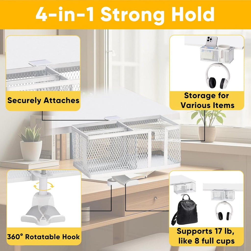 4 in 1 Metal Clip On Cup Holder Attachment for Gaming Desk or Table, Sturdy and Easy to Clamp, Attachable Anti-Spill Cup Holder for Salon Chair, Bedside, Water Bottles, Drinks, Headphones - White