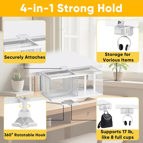 4 in 1 Metal Clip On Cup Holder Attachment for Gaming Desk or Table, Sturdy and Easy to Clamp, Attachable Anti-Spill Cup Holder for Salon Chair, Bedside, Water Bottles, Drinks, Headphones - White