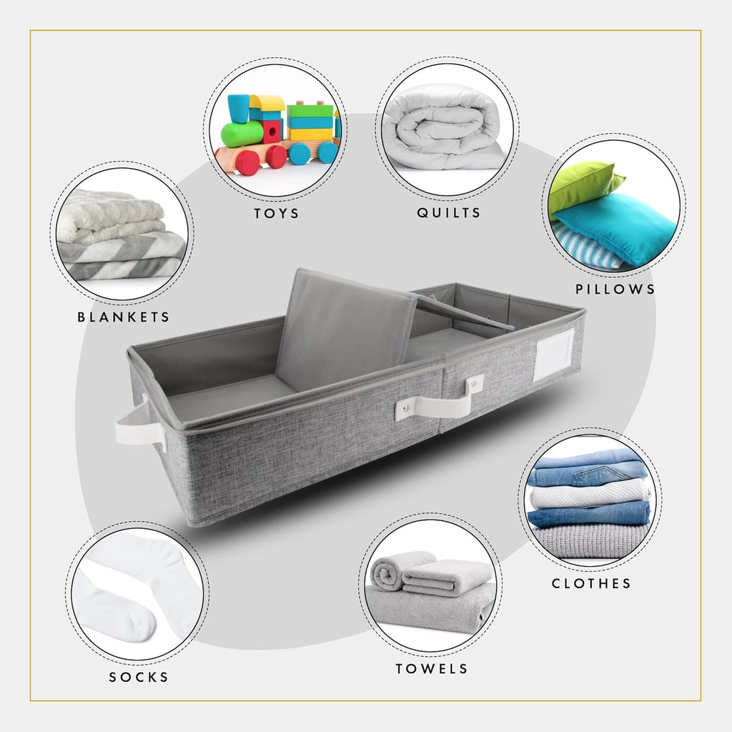 HOMELUX THEORY 2pc Under Bed Storage Containers, Bedroom Under the Bed Drawer Storage Organizer with Bins and Lids, Medium Underbed Clothes Storage Box Ideal for Blanket, Fabric, & Shoes (LightGray)