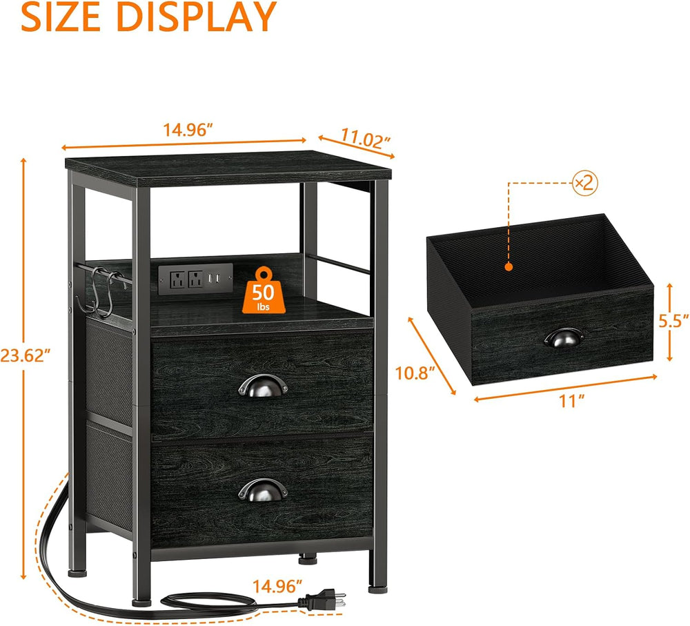 Furologee Nightstand with Charging Station, 2 Fabric Drawers, Black Oak | Nig...