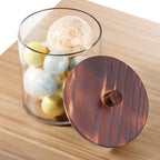SheeChung 4 Pack 50 Oz Large Apothecary Jar with Wood Lid, Laundry Pods Container, Storage Jars for Bathroom Organization, Plastic Canisters with Cute Stickers Spoons(Dark Brown)