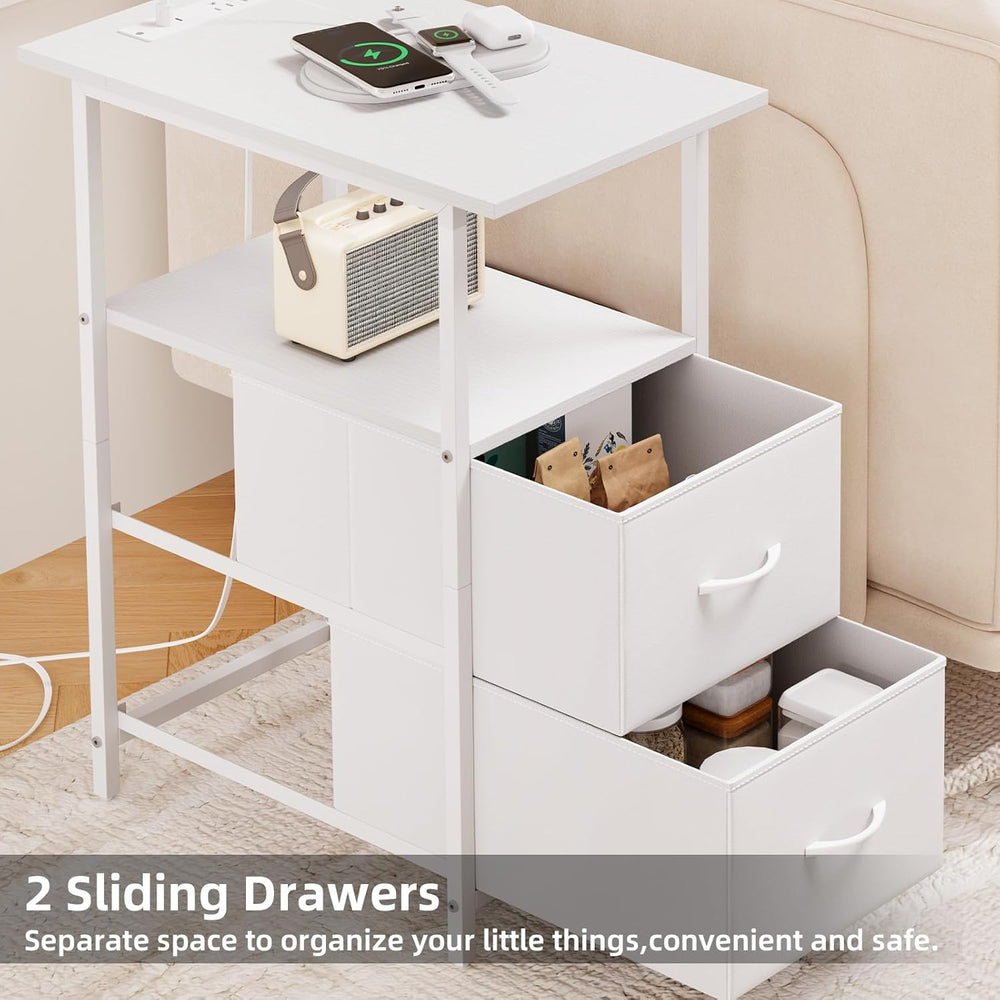 Somdot End Table with Charging Station, Narrow Side Table with 2 Fabric Drawe...
