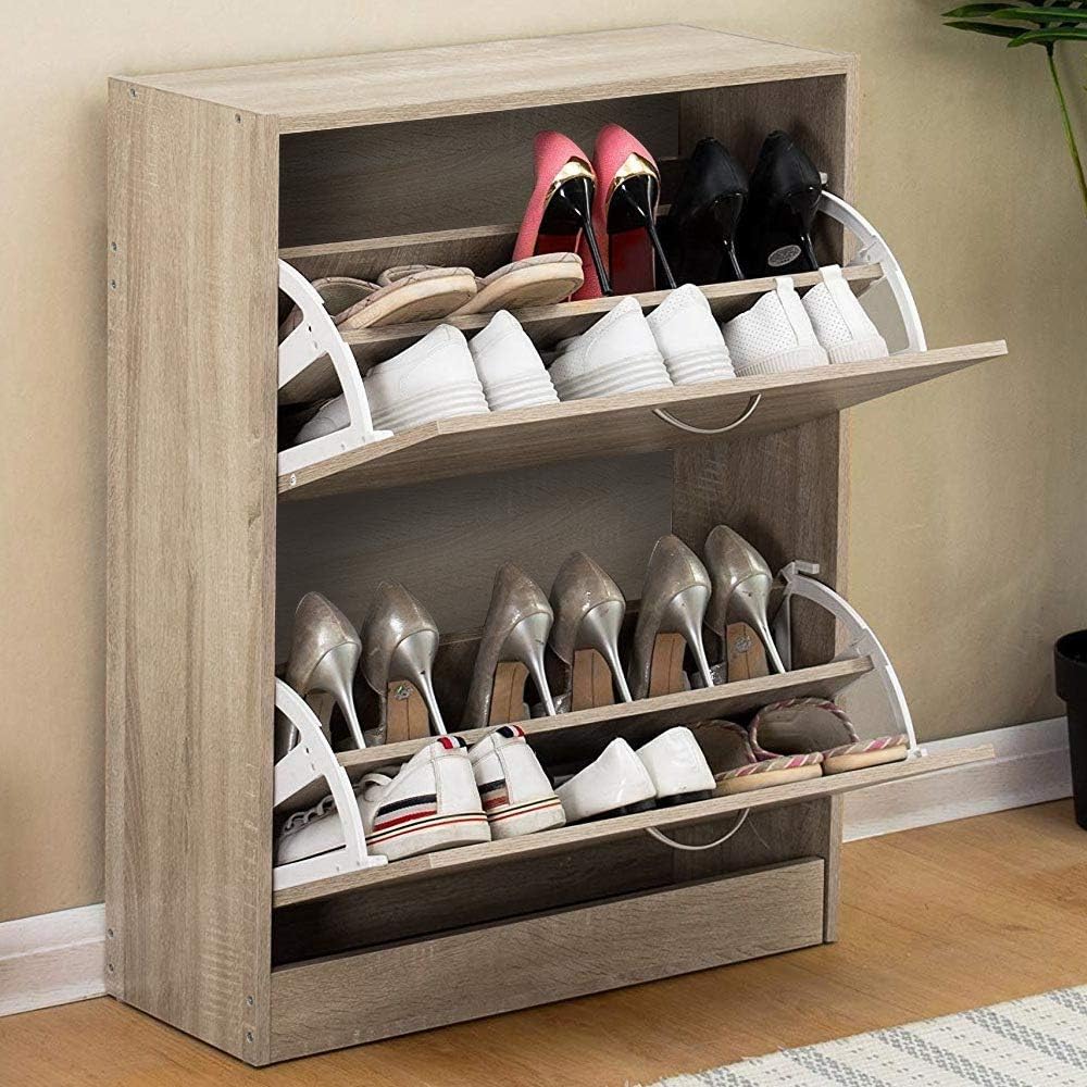 BAKAJI Shoe Rack Space Saving Melamine Wood with 2 Folding Doors and Double Depth Dimensions 60 x 24 x 83.5 cm (Beige), Unique