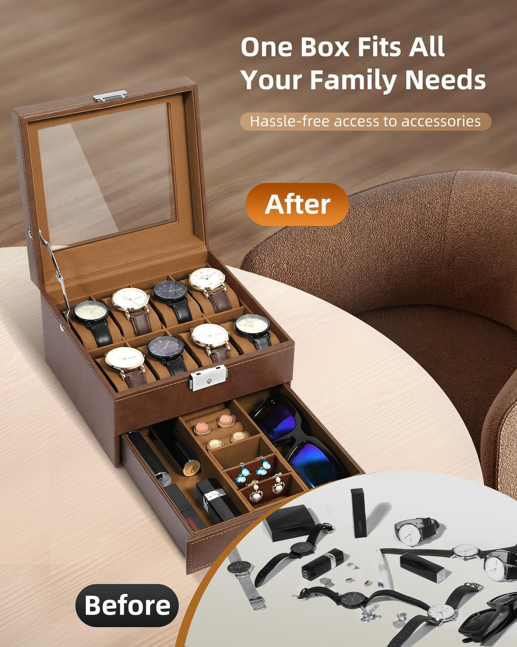 Uten 8-Slot Watch Box, 2-Layers PU Leather Watch Case with Glass Lid, Watch Holder Organizer with Soft Pillow and Velvet Lining, Watch and Jewelry Storage Box, Brown