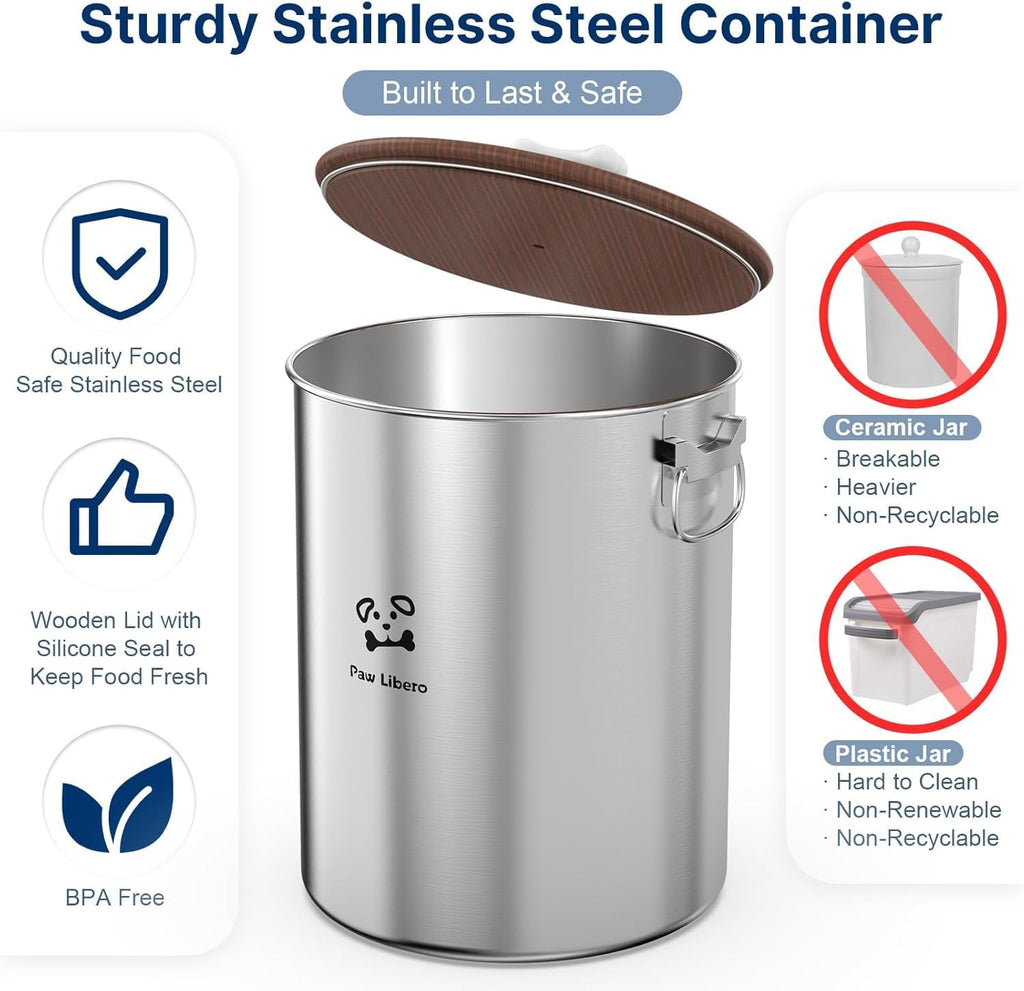 2PK 25 Lbs total 50 Lbs Stainless Steel Dog Food Storage Container with Airtight Wooden Lid & Ceramic Bone Handle, Large Metal Dog Food Bin for Dogs & Cats