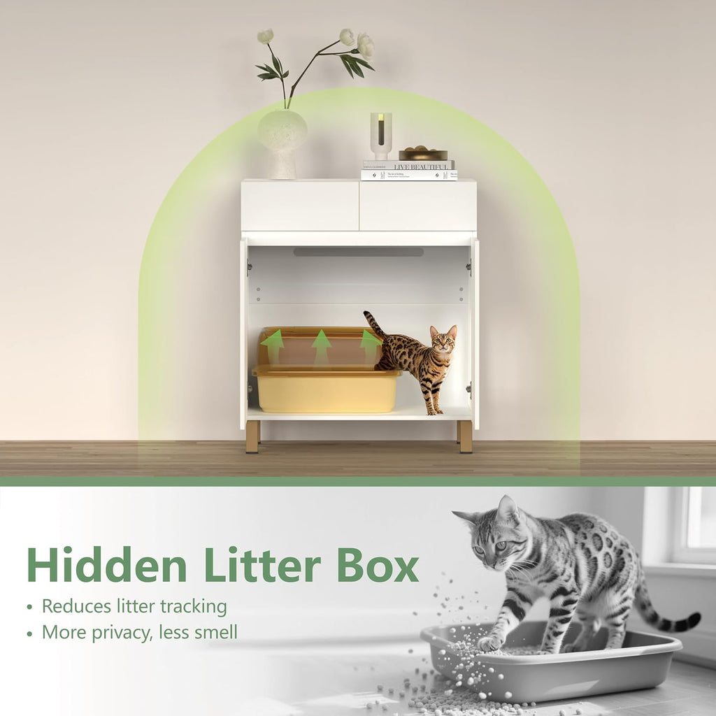 Large/Tall Litter Box Enclosure, Modern Wooden Litter Box Furniture for XL Litterbox with Drawer as Sideboard Cabinet (White)