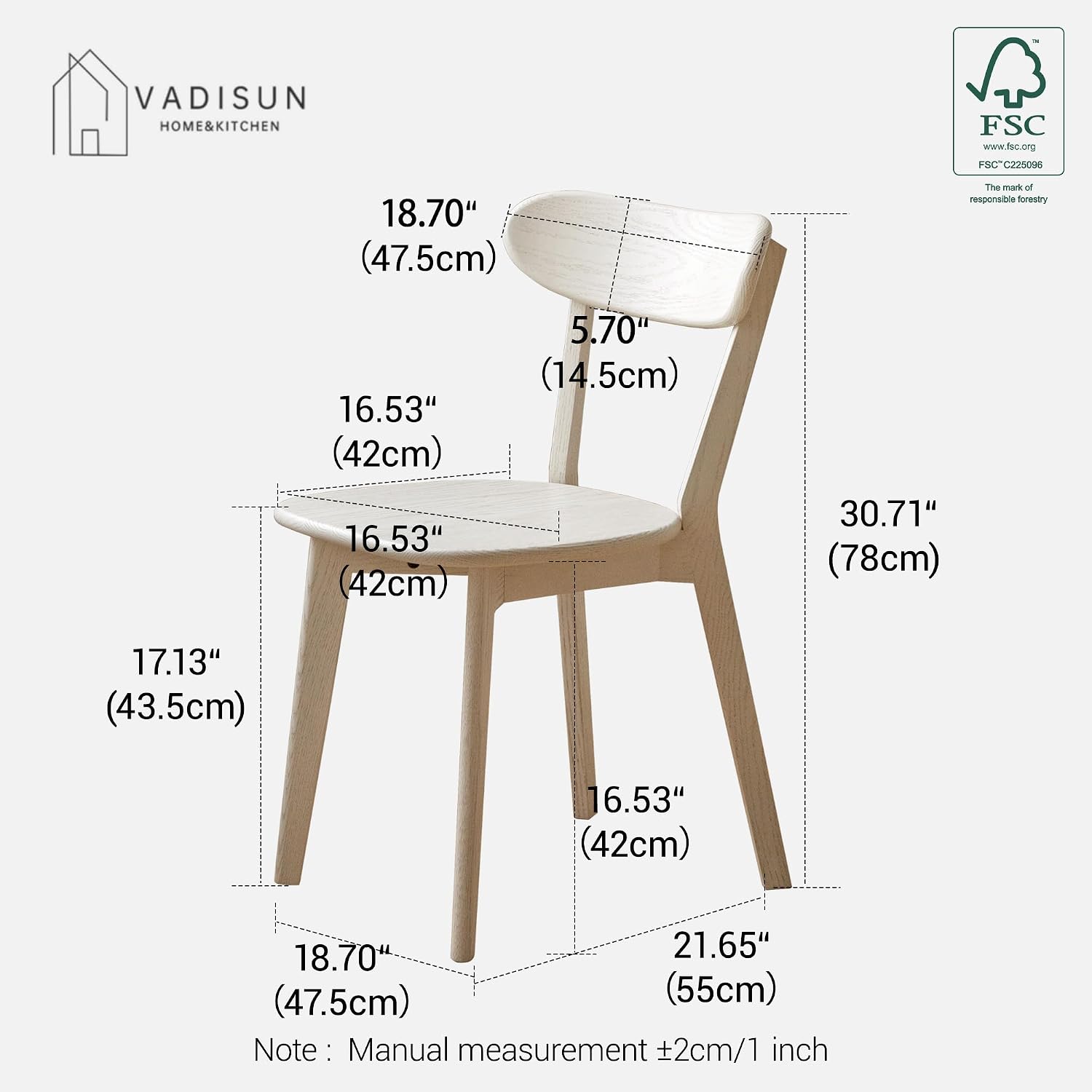 Oak Dining Chairs, Kitchen Chairs, 100% Solid Wood Modern Dinner Chair with Curved Backrest, Dining Room Chair for Kitchen, Living Room, Study(2PK, Cream White)