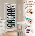 Over The Door Organizer 6 Tiers, Extra Large Behind Door Storage of 12 Compartments, 80 lbs Weight Capacity Hanging Storage Organizer with Clear Window Kids Toys, Shoes, Diapers, Room Storage,Black