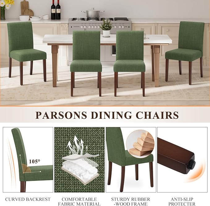 Upholstered Parsons Dining Chairs Set of 2, Modern Dining Room Chairs with Back, Fabric Kitchen Side Chairs with Wood Legs for Dinner Farmhouse Restaurant, Green