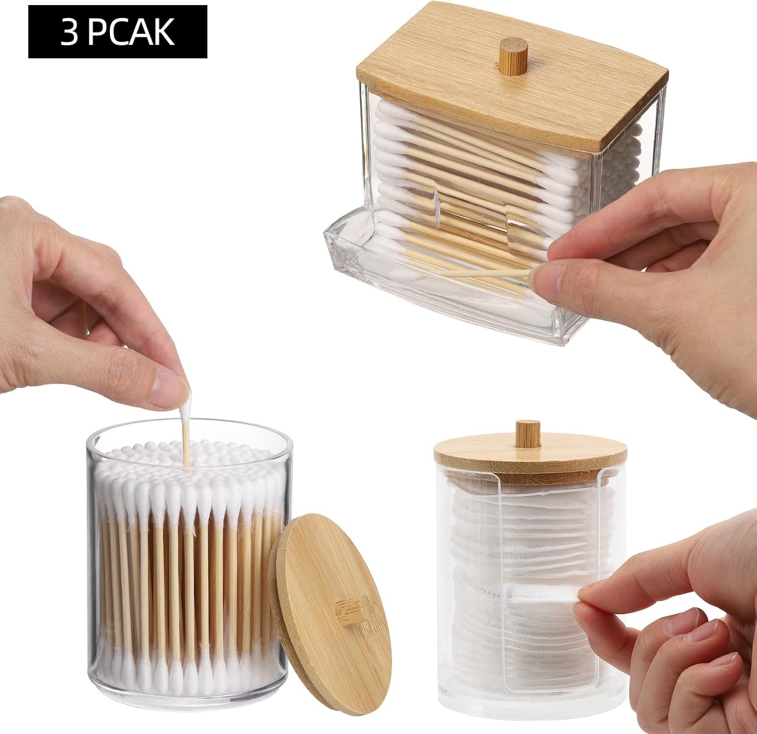 Tbestmax 4 Pack Qtip Holder Bathroom Container, 10/7oz Cotton Ball Cotton Swabs Pads Dispenser, Apothecary Jar with Bamboo Lids for Organizer and Storage (Beige)