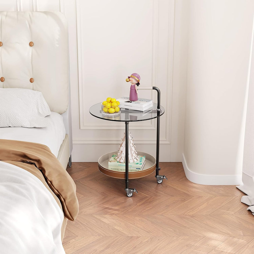 Sofa Side Table, 2-Tier Metal Frame Glass Top End Table on Wheels, Round Besi...