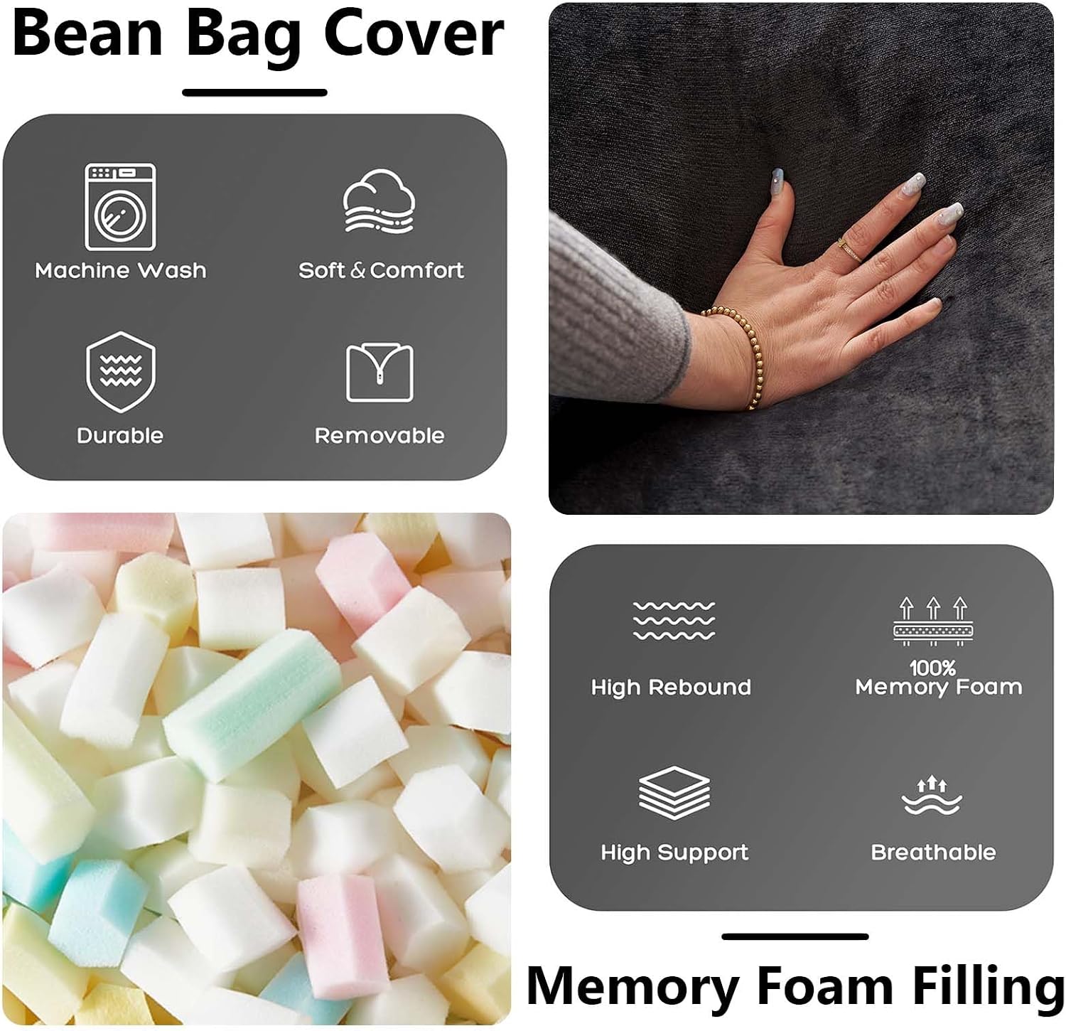 Big Bean Bag Chair 5Ft Memory Foam for Adults, Giant Lounge, Black | Memory Foam Filler, Removable Washable Flannel Cover, Big Bean Bag Lounge Reading Chair for Bedroom Living Room Adults