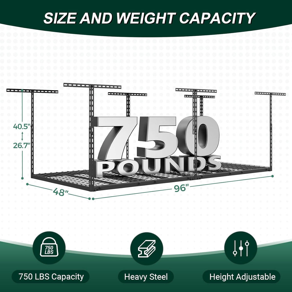 4x8 FT Overhead Garage Storage Rack, 26"-40" Height Adjustable Heavy Duty Garage Ceiling Storage Rack, 750LBS Capacity Metal Hanging Organizer System for Garage