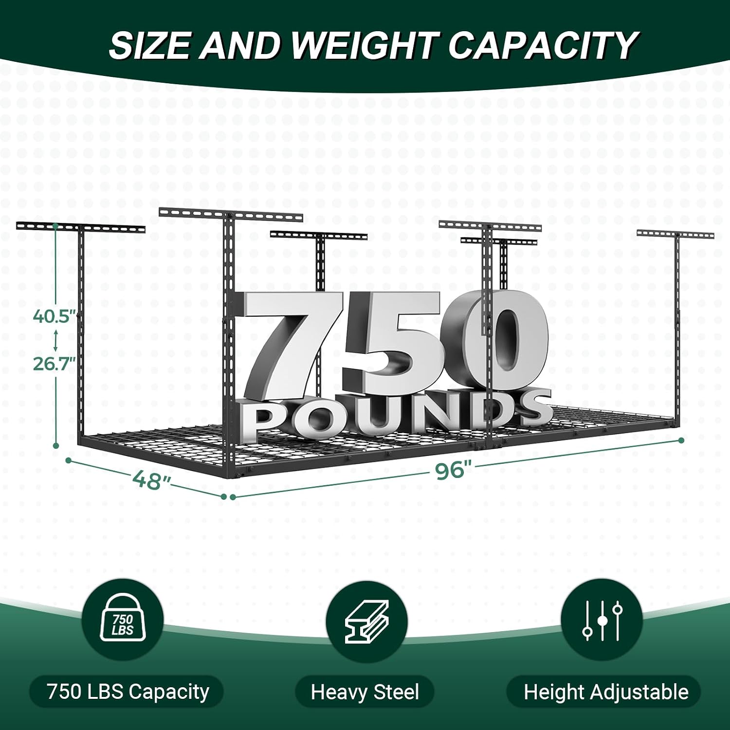 4x8 FT Overhead Garage Storage Rack, 26"-40" Height Adjustable Heavy Duty Garage Ceiling Storage Rack, 750LBS Capacity Metal Hanging Organizer System for Garage