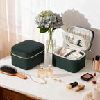 DesignSter Travel Jewelry Case,Small Jewelry Box with Mirror,Leather Material Travel Jewelry Case Organizer, Portable Jewelry Organizer with Zipper(Green