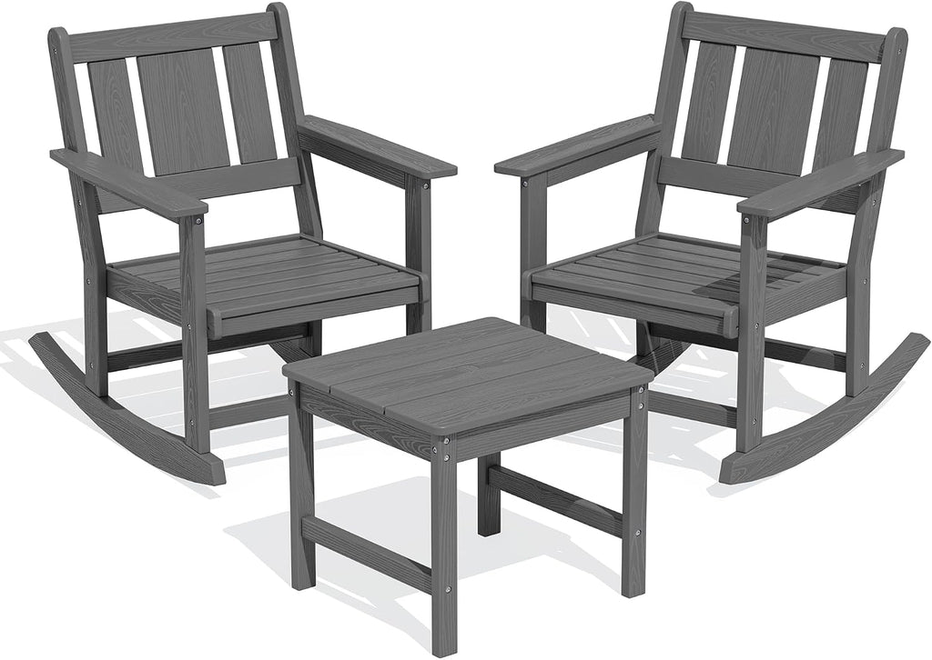 SERWALL 3-Piece Patio Furniture Set with 2 Rocking Chairs & Table, Grey | All-Weather HDPE Bistro Set: Includes rocking chairs and table with umbrella hole for cozy outdoor leisure and relaxation.