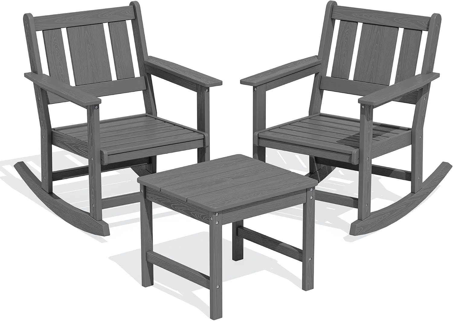 SERWALL 3-Piece Patio Furniture Set with 2 Rocking Chairs & Table, Grey | All-Weather HDPE Bistro Set: Includes rocking chairs and table with umbrella hole for cozy outdoor leisure and relaxation.