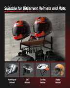 Vieshful Motorcycle Helmet Holder Wall Mount, Helmet Organizer Rack with 1 Layer Wooden Boards and 2 Hat Stands, Helmet Hanger for Motorcycle Accesories Storage with 4 Glove Chips and 5 hooks