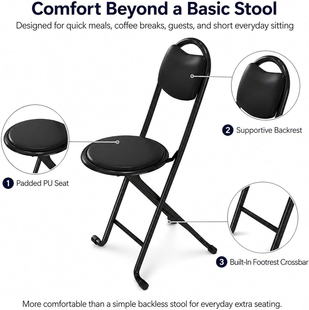 2 Pack Folding Stool with Back, 17 Inch Small Folding Chair, Black Stool with...