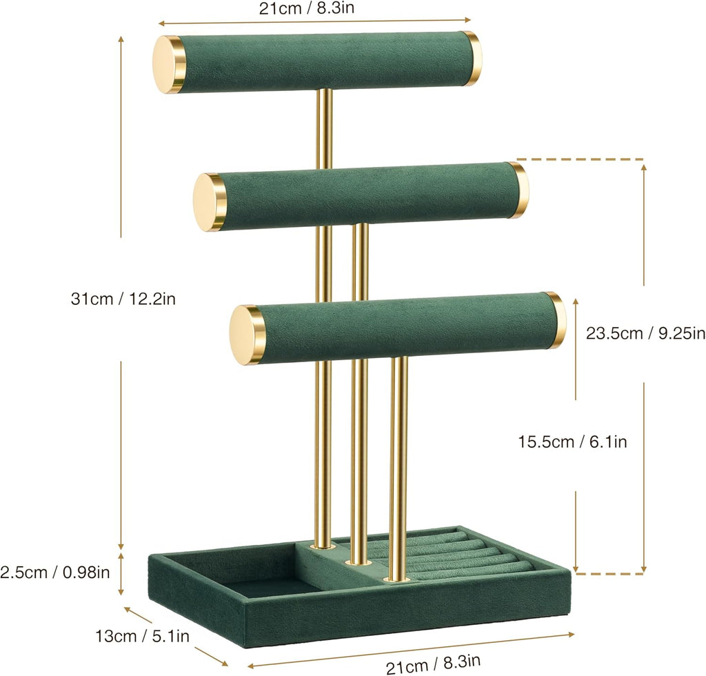 3 Tier Bracelet Holder Display - Detachable T Bar Dark Green Velvet Bracelet Holder, Jewelry Holder Organizer for Bracelet, Necklace, Watches, Rings