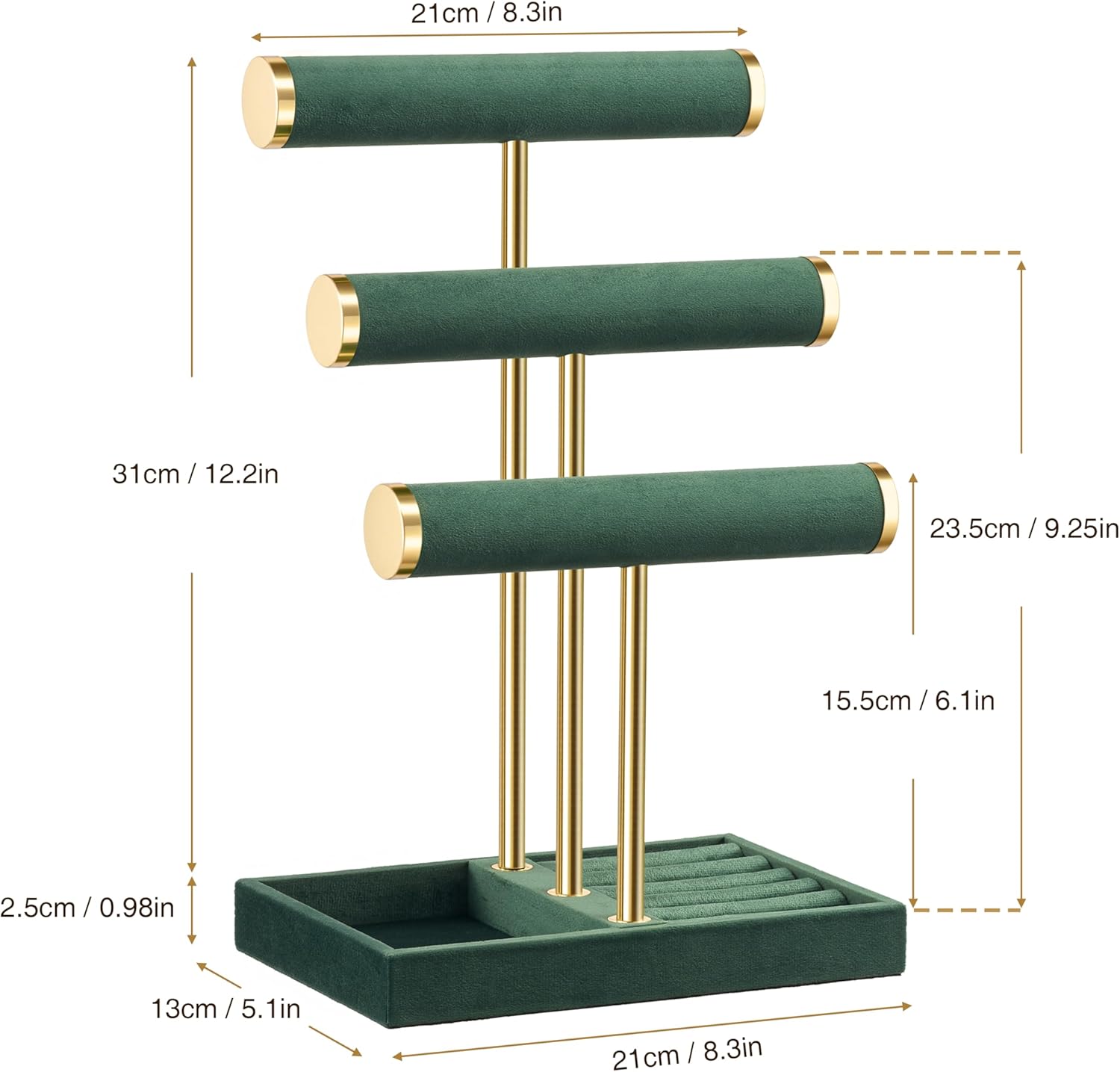 3 Tier Bracelet Holder Display - Detachable T Bar Dark Green Velvet Bracelet Holder, Jewelry Holder Organizer for Bracelet, Necklace, Watches, Rings