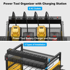 JUNNUJ Power Tool Organizer Floor Stand with Charging Station, Garage Adjustable Storage Rack Utility Tool Shelf with 8 Outlet Power Strip, Heavy Duty Drill and Battery Holder, Yellow