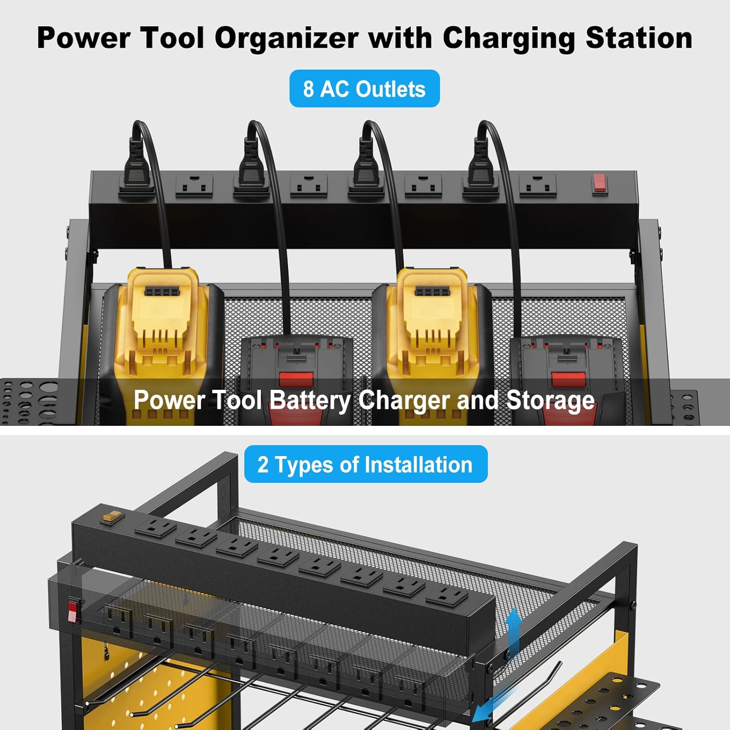 JUNNUJ Power Tool Organizer Floor Stand with Charging Station, Garage Adjustable Storage Rack Utility Tool Shelf with 8 Outlet Power Strip, Heavy Duty Drill and Battery Holder, Yellow
