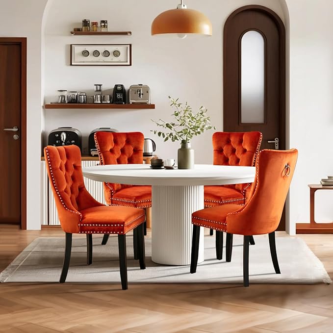 Velvet Upholstered Dining Chairs Set of 4, Modern Style Kitchen Side Chairs with Nailhead Trim and Wood Legs,Metal Pulling Ring for Dining Room Living Room(Orange,Set of 4)