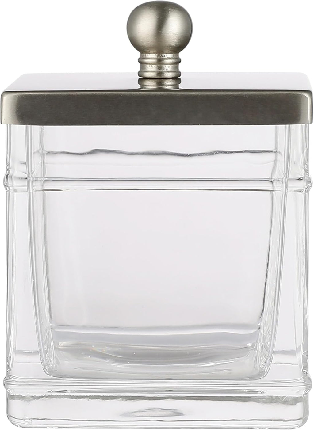 Apothecary Glass Cotton Jar Holder Brushed Nickel Stainless Steel Lid, Elegant Bathroom Storage Canister for Qtips, Cotton Balls, Floss, Makeup Organizer, Vanity Bathroom Organization