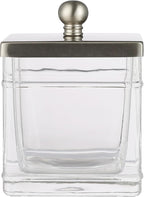 Apothecary Glass Cotton Jar Holder Brushed Nickel Stainless Steel Lid, Elegant Bathroom Storage Canister for Qtips, Cotton Balls, Floss, Makeup Organizer, Vanity Bathroom Organization