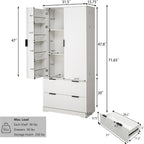 Freestanding Storage Cabinet with 2 Dawers, 2 Shelves, 2 Double Door with 6 Shelves, Rectangular Kitchen Pantry, Modern Minimalist, for Living Room, Dining Room, White