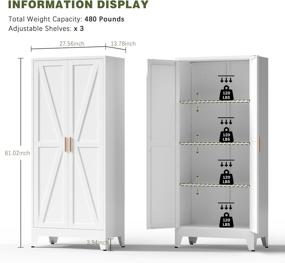 COFaR White Farmhouse Storage Kitchen Pantry Cabinet with 2 Barn Door, 3 Adju...