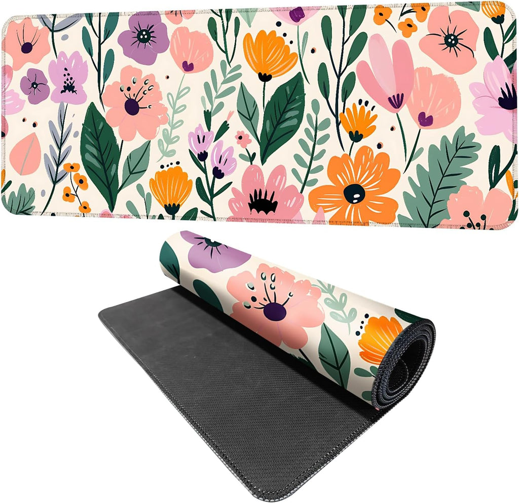 Floral Mouse Pad XXL – Large Extended Desk Mat with Cute Hand-Drawn Flowers,Non-Slip Mousepad for Office, School, Workstation, Gift for Women & Teens, 31.5 x 11.8 in