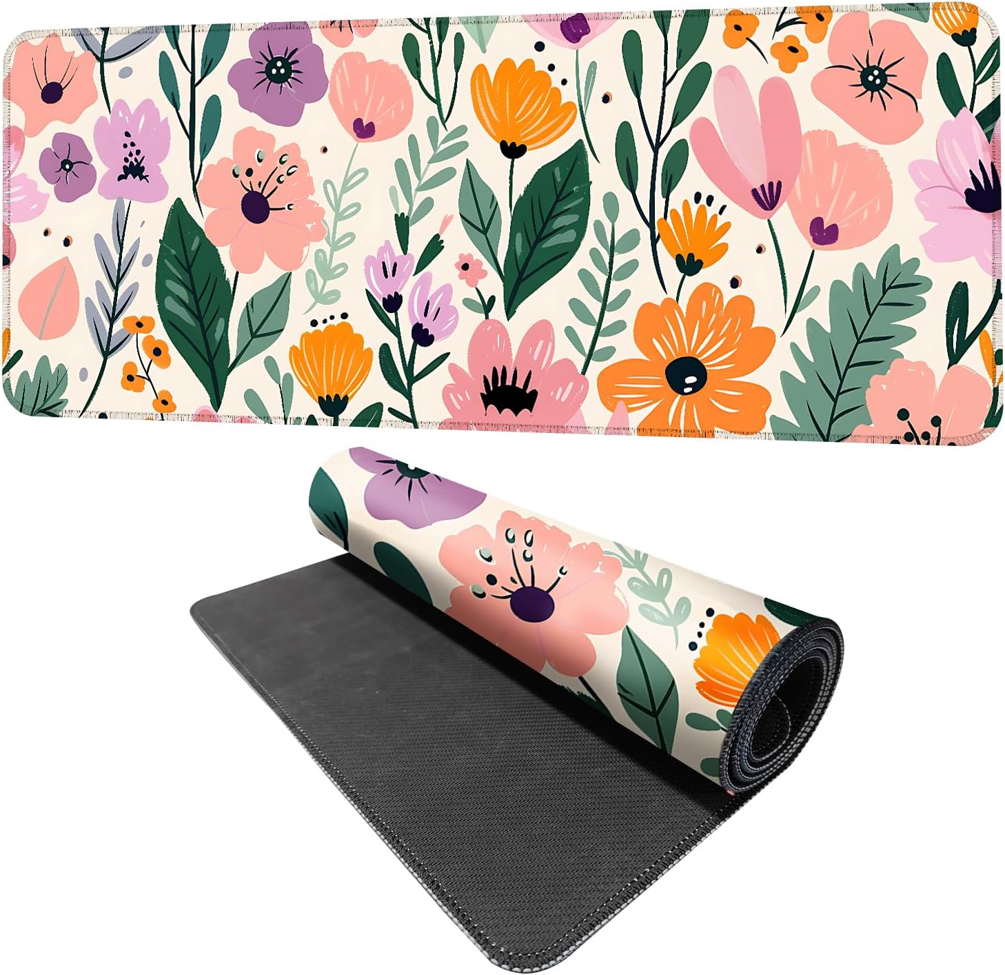 Floral Mouse Pad XXL – Large Extended Desk Mat with Cute Hand-Drawn Flowers,Non-Slip Mousepad for Office, School, Workstation, Gift for Women & Teens, 31.5 x 11.8 in