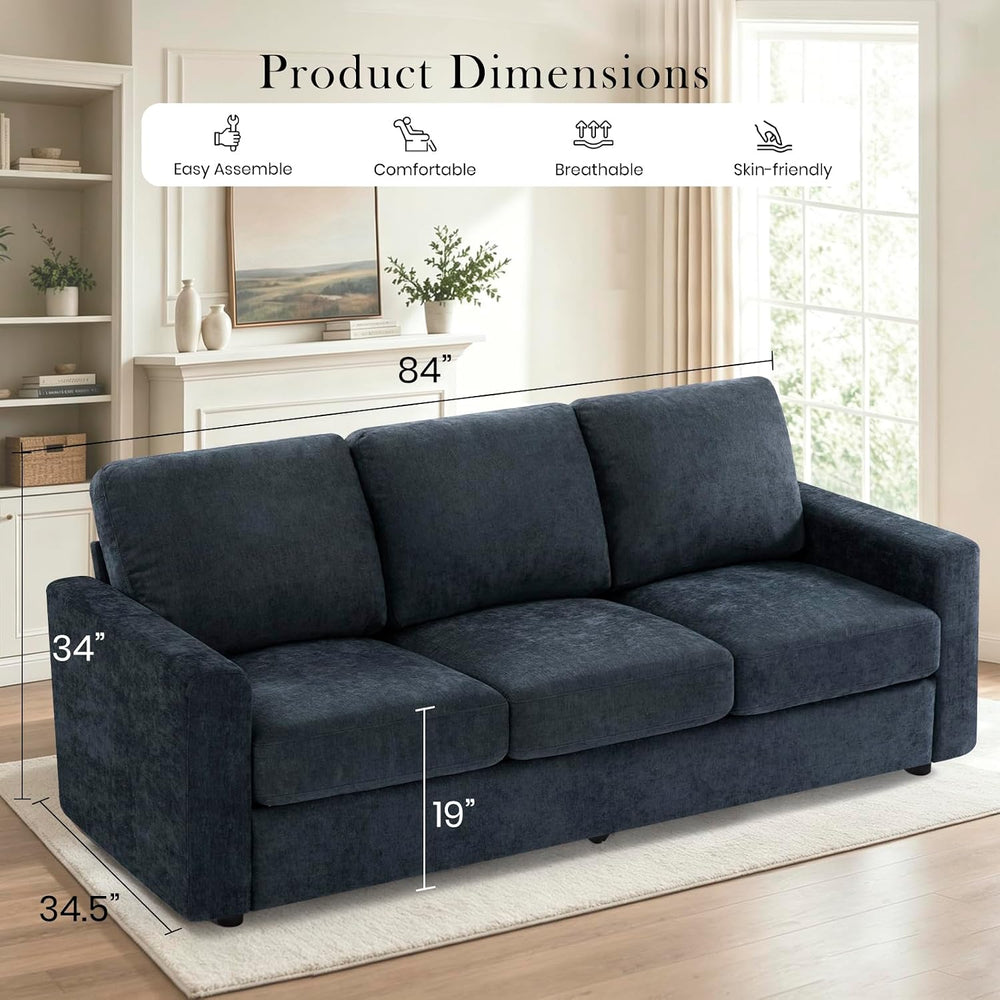 2 Pieces Chenille Sofa Sets w/Comfortable Back Cushions, Blue