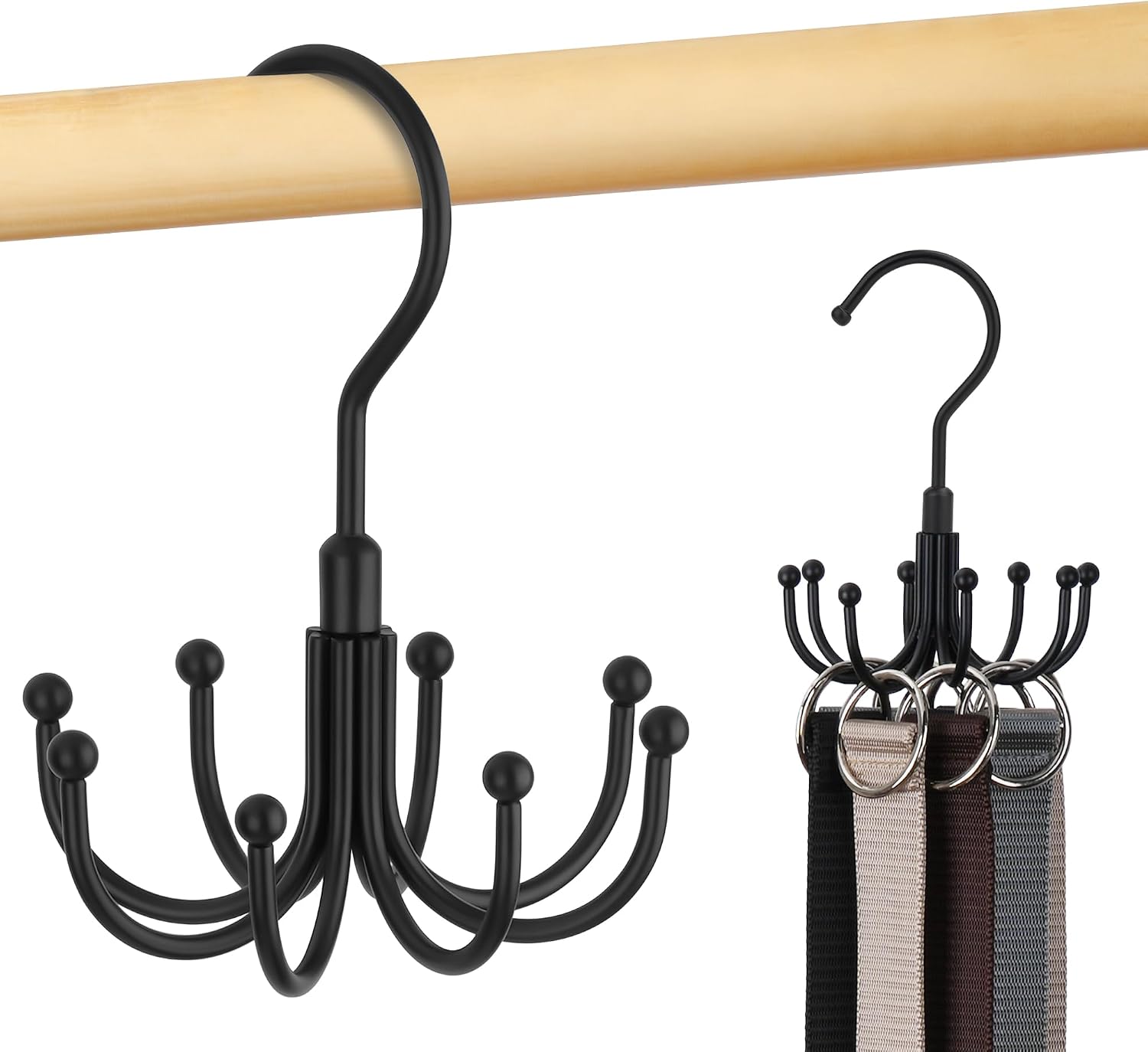 Belt Hanger, Rotatable Belt Organizer Rack for Closet Sturdy Max 24 Belts Storage with 8 Hooks, Hanging Space Saving Closet Organizers for Belts Holder, Black