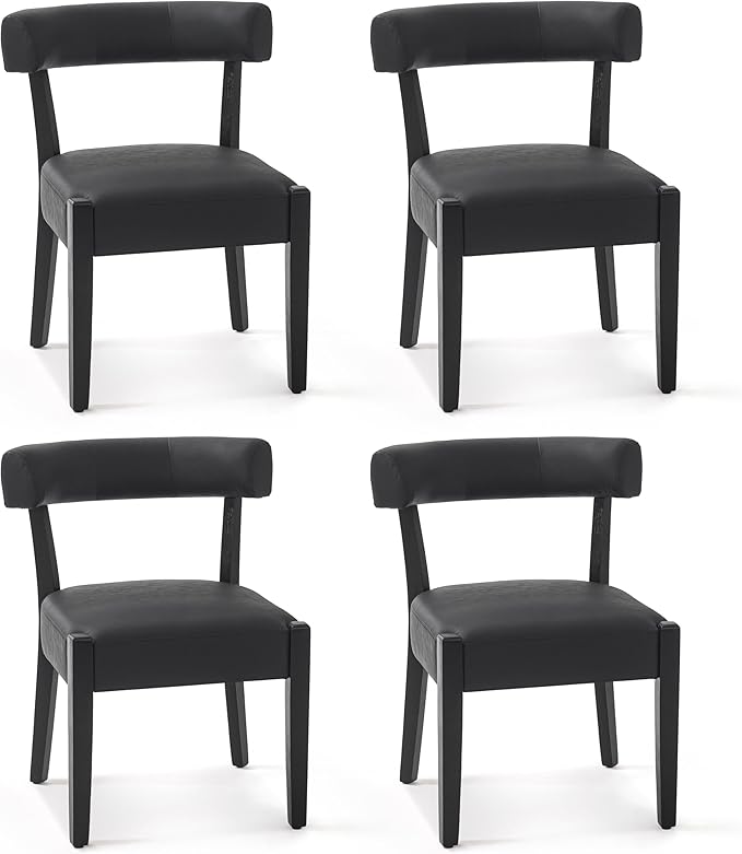 Modern Black Dining Chairs Set of 4, Faux Leather Upholstered Kitchen & Dining Room Chairs, Mid Century Modern Wooden Dining Chairs Oversized Sturdy Rounded Chairs Curved Back