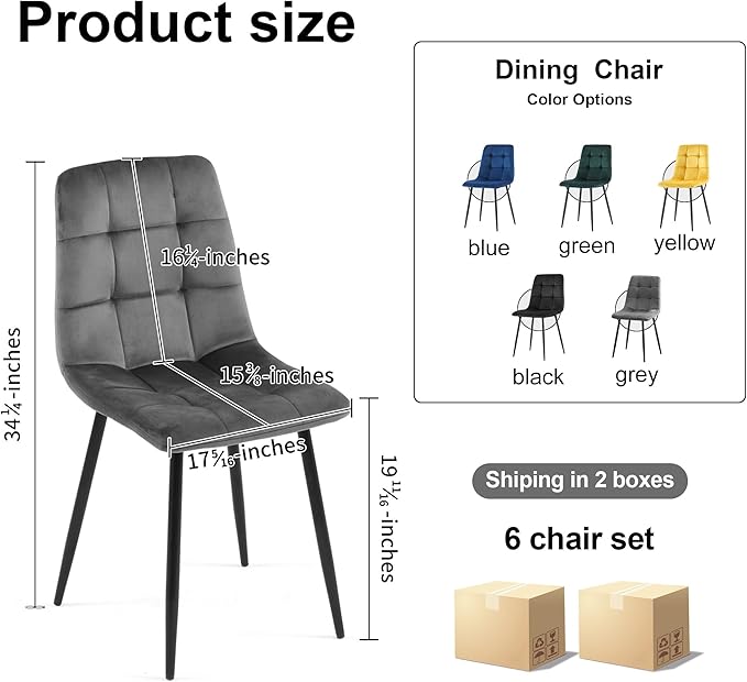NORDICANA Grey Velvet Dining Chairs Set of 6, Upholstered Tufted Kitchen Chairs, Comfortable Seat, Metal Leg, Easy Assembly