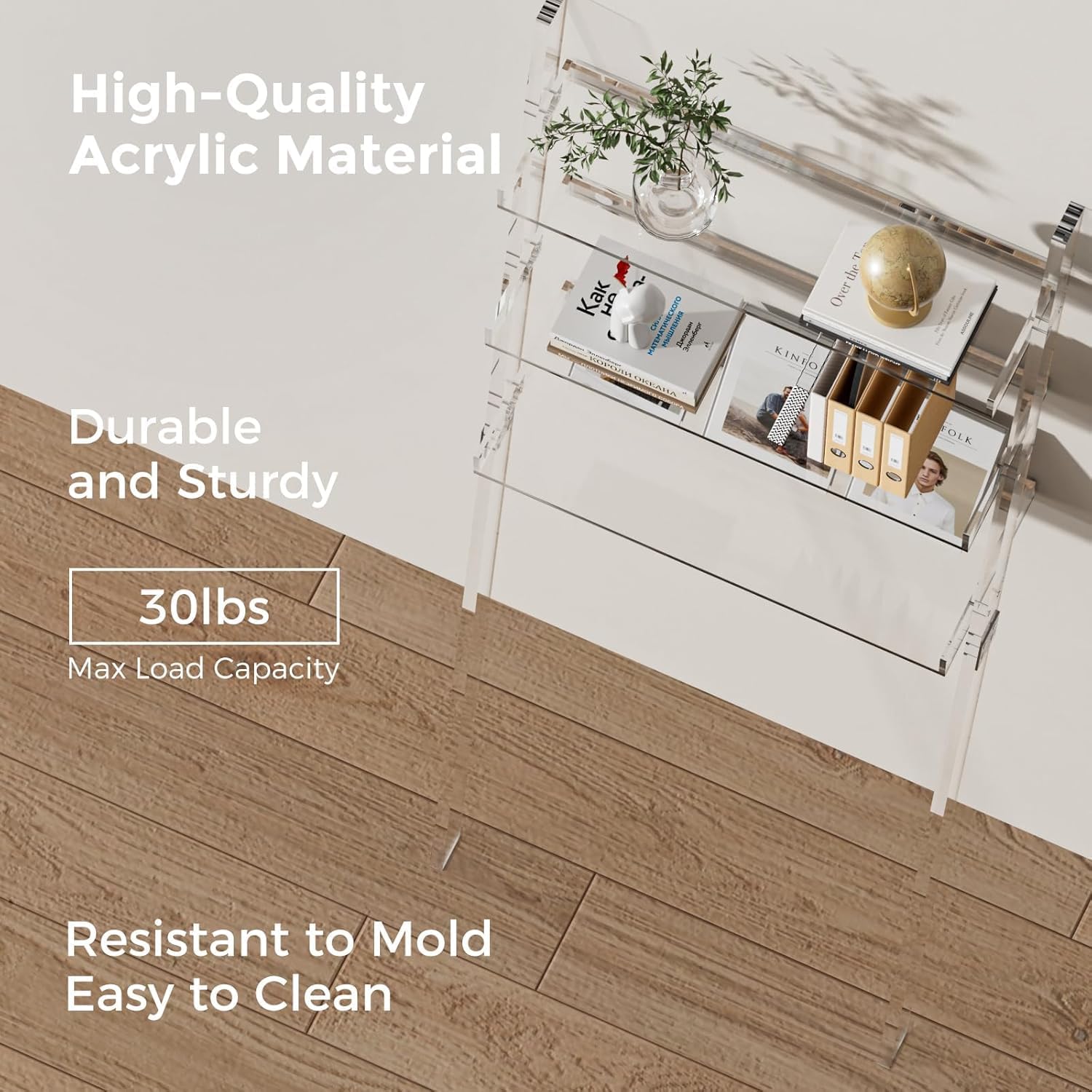 3 Tier Acrylic Ladder Shelf, Modern Clear Bookshelf with Open Shelves, Modern Acrylic Bookcase for Bathroom, Living Room, Kitchen, Office, Bedroom, 9.84" D x 24.96" W x 69.69" H