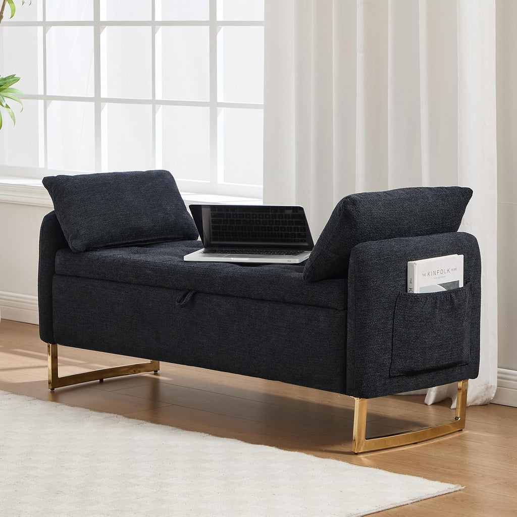 48" End of Bed Bench, Modern Storage Benches with Button-Tufted, Chenille Upholstered Storage Ottoman Bench for Foot of Bed with Arms, Gold Legs Window and Entryway, Black