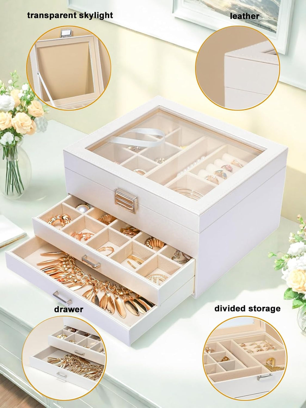 Clear Lid Jewelry Box,3 Layers Jewelry Organizer Large Multi-Functional Jewelry Storage Box with 2 Drawers,Jewelry Display Case of Rings Earrings Necklace Bracelets for Women Girls (Light gold)
