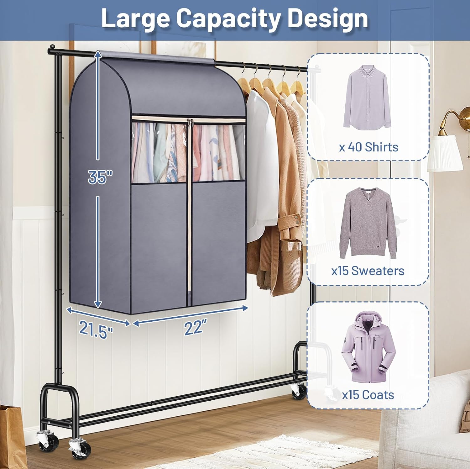 SLEEPING LAMB 35" Garment Bags for Hanging Clothes Storage, Sealed Completely Clothing Rack with Cover with Zipper Clear PVC Window Coat Cover for Closet, Sweaters, Suits protector, 2 Packs, Grey
