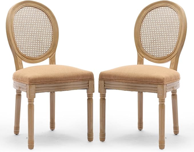 Rattan Back Upholstered Dining Chairs Set of 2 French Country Oval Kitchen Side Chairs with Wood Legs for Dining Room, Kitchen, Restaurant(Tan-Rattan)