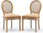 Rattan Back Upholstered Dining Chairs Set of 2 French Country Oval Kitchen Side Chairs with Wood Legs for Dining Room, Kitchen, Restaurant(Tan-Rattan)